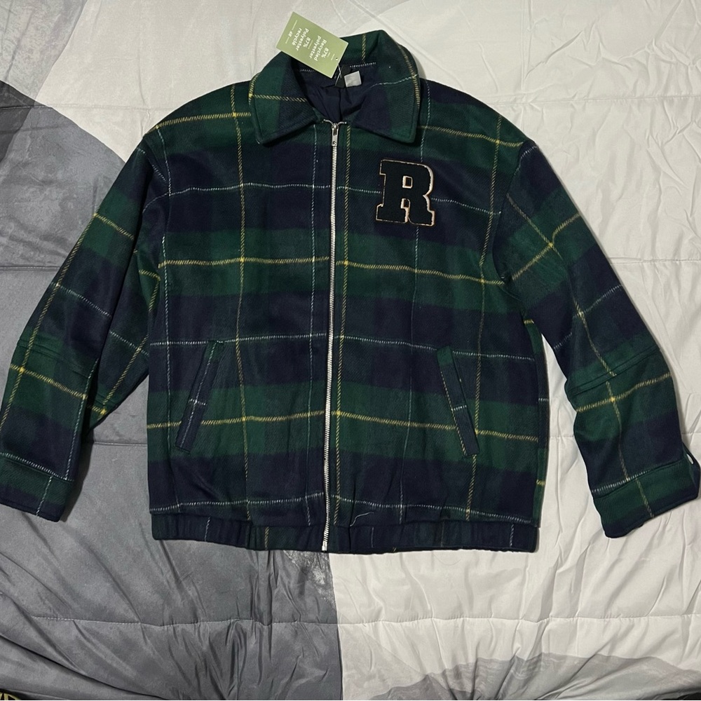 H&M Green and Blue Plaid Bomber Jacket BRAND NEW, never used